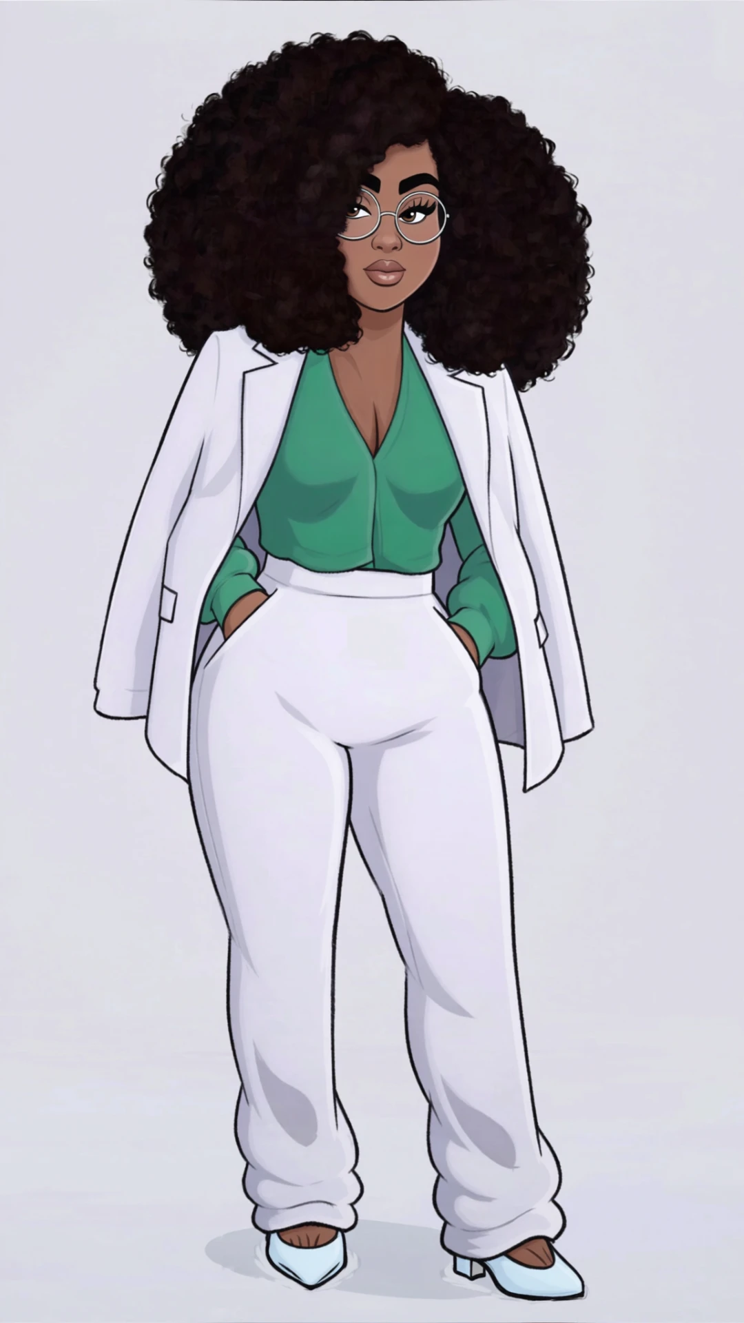 Illustrated portrait of Reyna, a Black woman with a voluminous natural afro and round glasses, wearing a green blouse, white blazer, and white trousers with her hands in her pockets